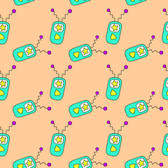 Seamless pattern with Radio, walkie-Talkie, transmitter, mobile phone or MP3 player in cartoon style. Design element on the theme of communication, Initial contact. Doodles vector illustration