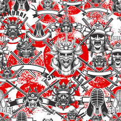 Seamless pattern with samurai masks in monochrome style. Design element for poster, card, banner. Vector illustration