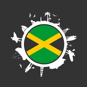 Circle with tropical recreation relative silhouettes. Objects located around the circle. Human posing with surfboard, cruise ship, palm and lifeguard tower. Jamaica flag in the center.