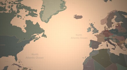 north atlantic ocean map. 3d rendering of vintage continental world map