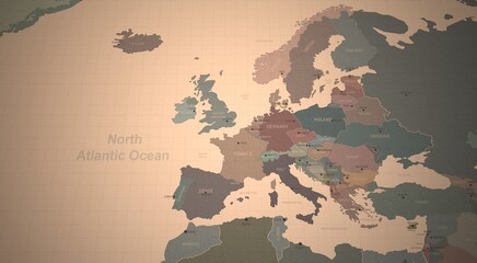 european countries map. 3d rendering of vintage continental world map