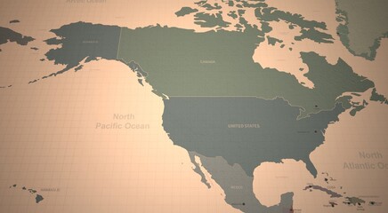 north america countries map. 3d rendering of vintage continental world map