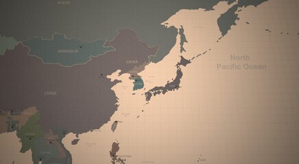 north east asia countries map. 3d rendering of vintage continental world map