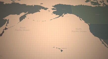 north pacific ocean map. 3d rendering of vintage continental world map