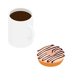 Coffee mug and sweet chocolate donut. Isolated on a white. Vector. Isometric view