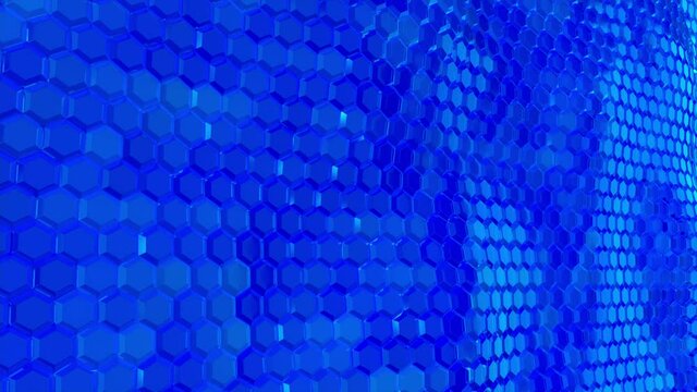 Blue hexagon or honeycomb shield were arranged a wall. Isolated on black background.