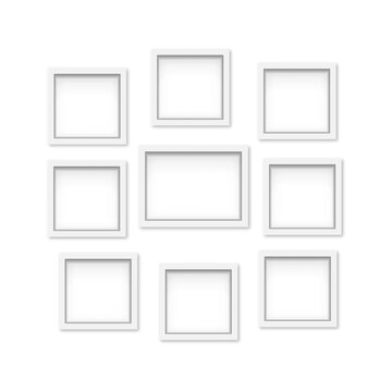 Set of white wooden photo frames with soft shadow. Vector