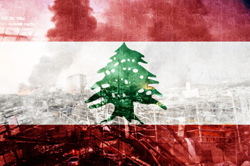 Digital Composite - Flag of Lebanon and aftermath of Beirut explosion in Lebanon, August 4, 2020.