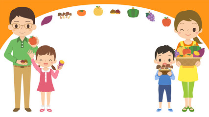 おいしそうな秋の味覚の野菜や果物を持っている家族のイラストフレーム　枠　ベクター