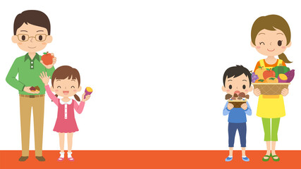 おいしそうな秋の味覚の野菜や果物を持っている家族のイラストフレーム　枠　ベクター