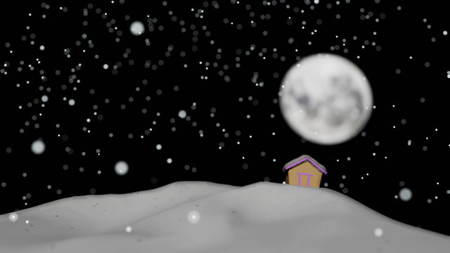 A wooden house in snow storm with blur full moon in background (3D Rendering) - Powered by Adobe