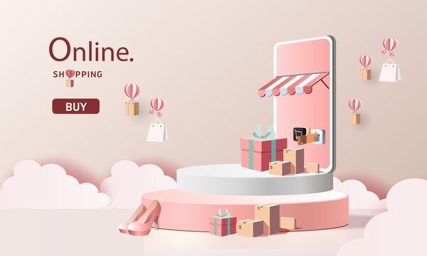 online shopping  on smart phone pink backgroud buy sell on mobile technology marketing vector illustration.
