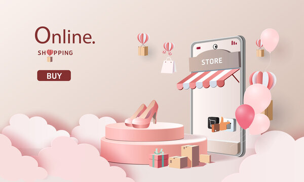 online shopping  on smart phone pink backgroud buy sell on mobile technology marketing vector illustration.