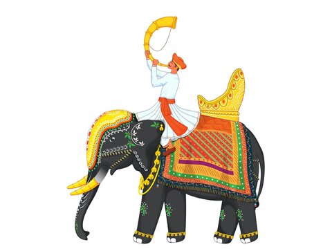 Cartoon Man Blowing Tutari Horn Sit On Decorative Elephant For Indian Celebration.