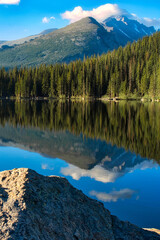 Fototapeta na wymiar Bear lake in rocky mountain national park colorado early morning reflection. Reflective photo of glassy smooth lake and the surrounding mountains early in the morning. Green trees and blue skies