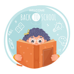 Cute Girl Reading a Book with Supplies Elements on Abstract Blue and White Background for Welcome Back To School Concept.