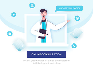 Online Consultation Concept, Doctor Man Character in Laptop Screen and Medical Elements on Blue and White Background.