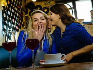 Two women gossiping in pub