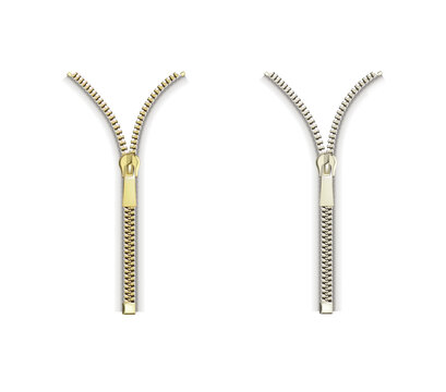 Open close zip. Realistic zipper fastener vector. Metallic gold silver white elegant zip locker. Graphic isolated illustration