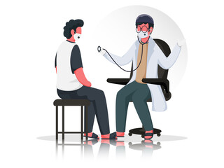 Illustration Of Doctor Man Examining Patient By Stethoscope Sitting At Chair With Wear Medical Mask To Prevent From Coronavirus.