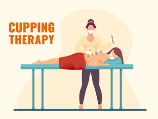 Young Woman Receiving Cupping Treatment on Back in Therapy During Coronavirus Pandemic.