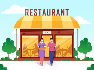 Customer Service Takeaway In Open Restaurant Illustration During Coronavirus.