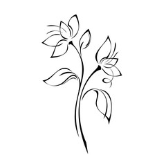 ornament 1257. two stylized flowers on stems with leaves in black lines on white background