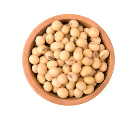 Soy bean in wood cup isolated on a white background.