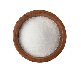 white sugar in wooden bowl on white background.top view
