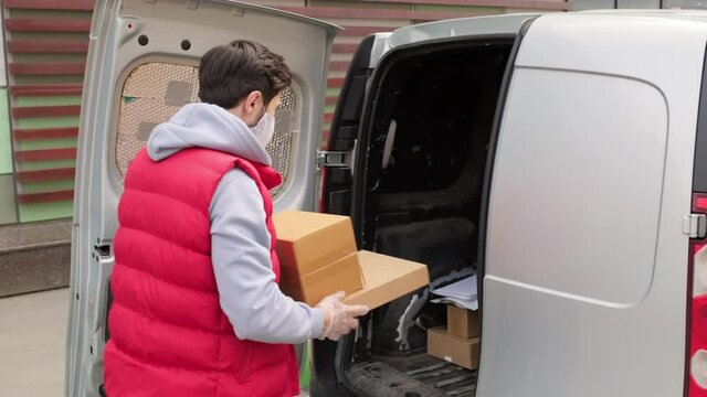 Sequence of shots of courier in face mask and glves loading packages into van, then driving and delivering them