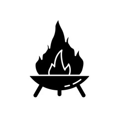 Silhouette Fire Pit on three legs. Symbol of making campfire outdoors and traveling. Diwali festival icon. Outline round bonfire bowl. Illustration for camping. Flat isolated vector, white background