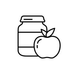 Apple baby food. Linear icon of complementary foods in jar. Black illustration of ready fruit purees in glass bottle. Contour isolated vector emblem on white background. Canned food or tinned goods