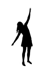 Silhouette of girl, dancing with outstretched hands, wearing skirt. Illustration isolated on white background. 