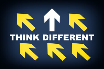 White and yellow arrows with think different word on blue background. Business concept and challenge success idea