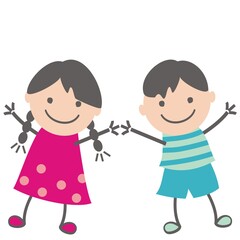 Two little chidren, girl and boy, funny vector illustration