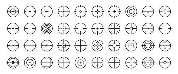 Target line vector icon set. Firearm aiming focus, crosshair, circular outline symbol. Sniper aim pointer