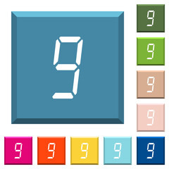 digital number nine of seven segment type white icons on edged square buttons