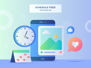 Schedule feed illustration set marker date calendar background of clock picture smartphone feedback with flat style.