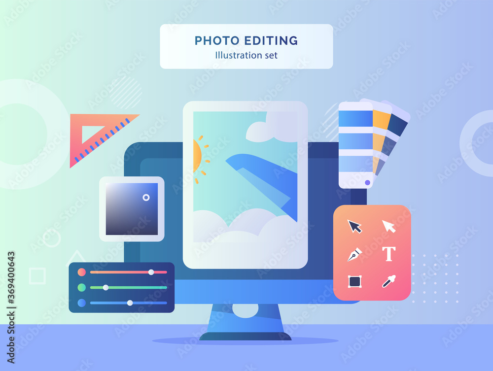 Fototapete photo editing illustration set picture on display monitor computer background of ruler color pallet 