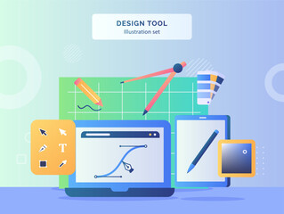 Design tool illustration set line pen tool on display monitor laptop background of compass drawn pencil pallet color toolbar tablet with flat style.