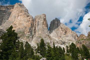 Trekking for Vajolet towers in Val di Fassa, Trentino Dolomites, Italy
