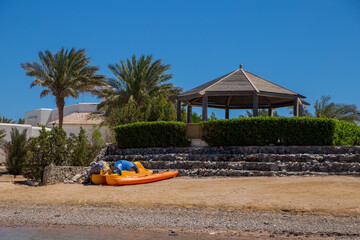 sea beach with palms and houses in egypt