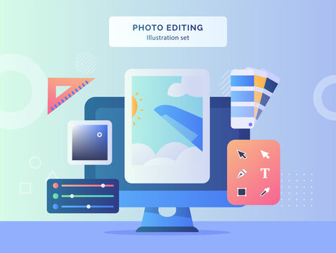 Photo editing illustration set picture on display monitor computer background of ruler color pallet text direct selection tool with flat style .