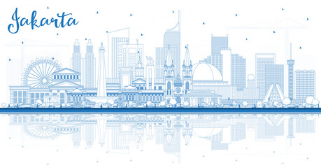 Outline Jakarta Indonesia City Skyline with Blue Buildings and Reflections.