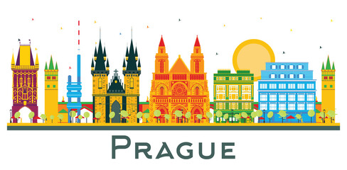 Naklejka premium Prague Czech Republic City Skyline with Color Buildings Isolated on White.