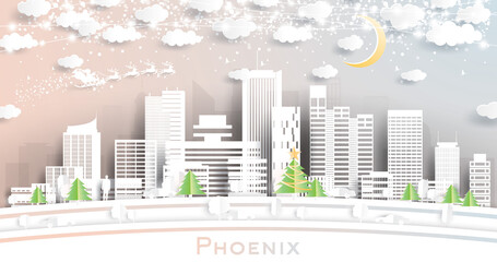 Phoenix Arizona City Skyline in Paper Cut Style with Snowflakes, Moon and Neon Garland.