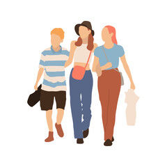 Obraz premium Young boy and girls walking together. Vector flat illustration