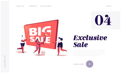 Landing Page Template. Discount Offer Concept. Happy People Painting Huge Banner with Big Sale Typography, Shopping