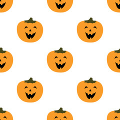 Happy Halloween. Seamless pattern with pumpkins on white background. Vector illustration for festive background decoration, cards, banners, wrappings, holiday designs, prints, textiles, fabrics, etc.
