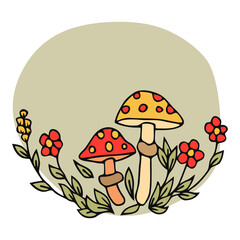 Hand drawn trendy forest background in a flat style. Seamless chamomile and mushrooms pattern. Herbs and flowers vector floral autumn design.